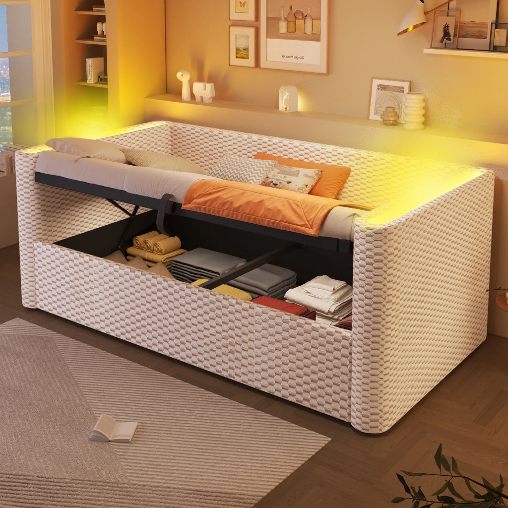 Letto giorno con illuminazione LED in velluto beige 90x200 cm