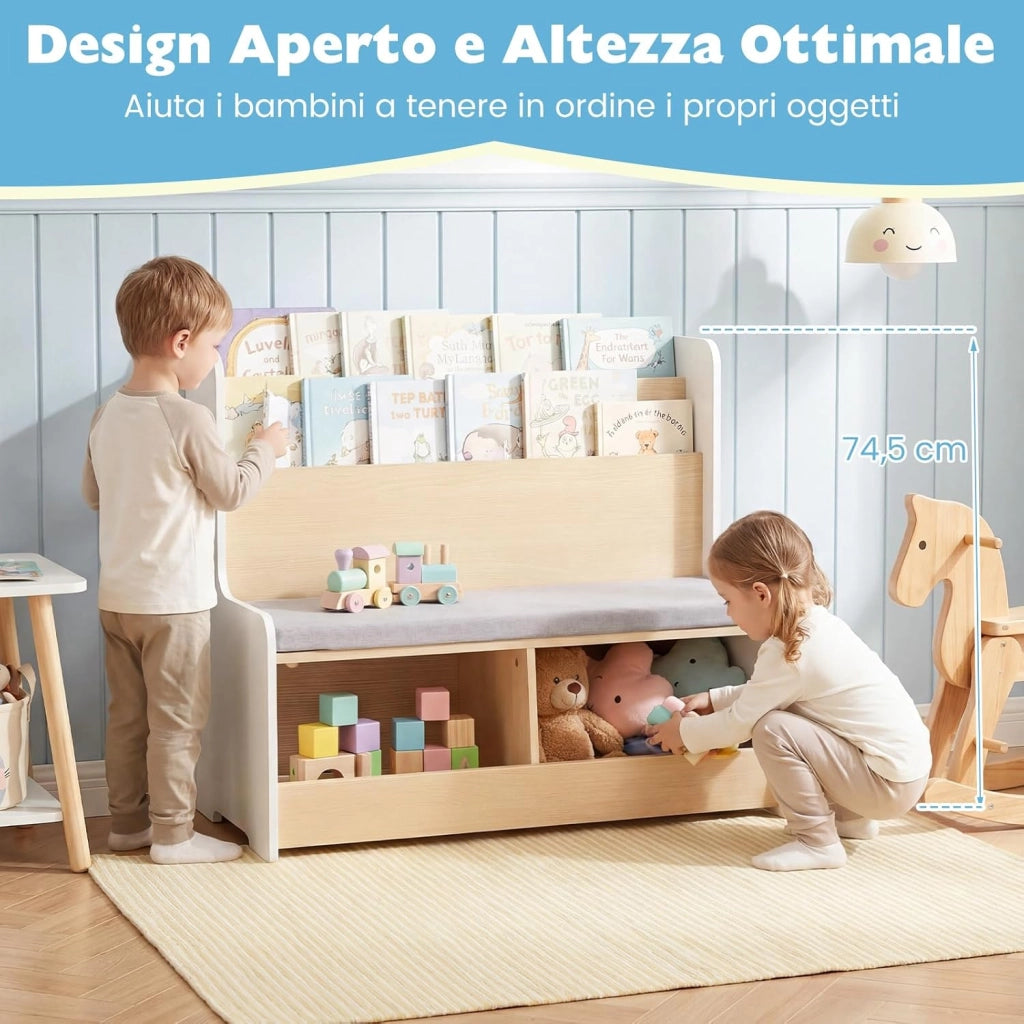Libreria Montessoriana Salvaspazio per Bambini con Panchina Bianco | Porta Libri Bambini con Portariviste a 2 Ripiani, 2 Scomparti Aperti e Cuscino Seduta Rimovibile per Cameretta
