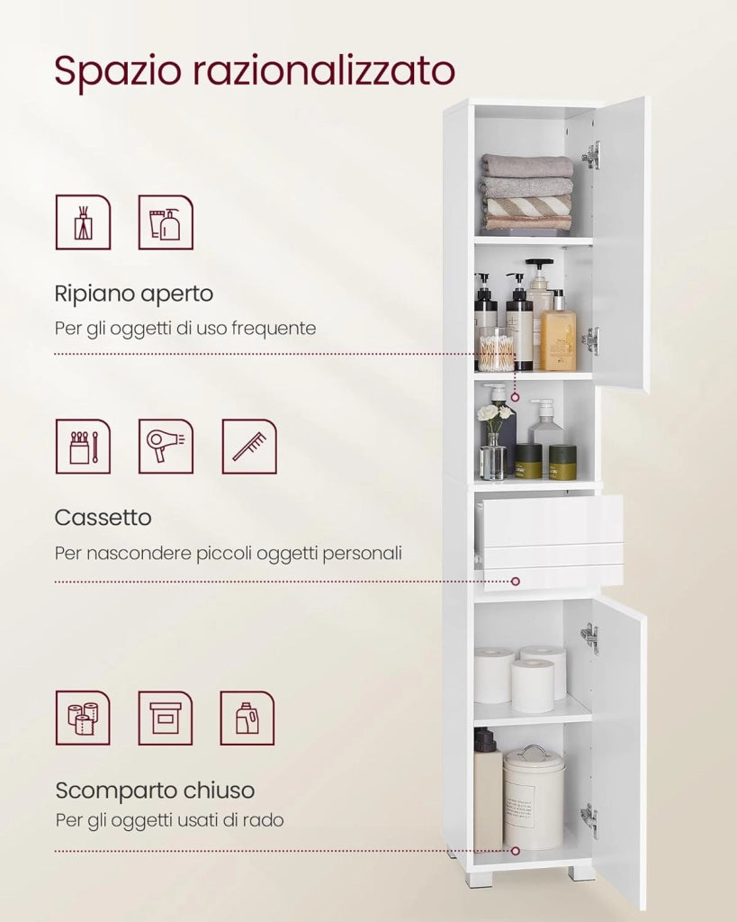 Mobile da Bagno, Mobiletto Portaoggetti, Alto, con Cassetto, Ripiani Regolabili, Scomparti, 30 x 30 x 170 cm, Bianco Nuvola BBC560P31