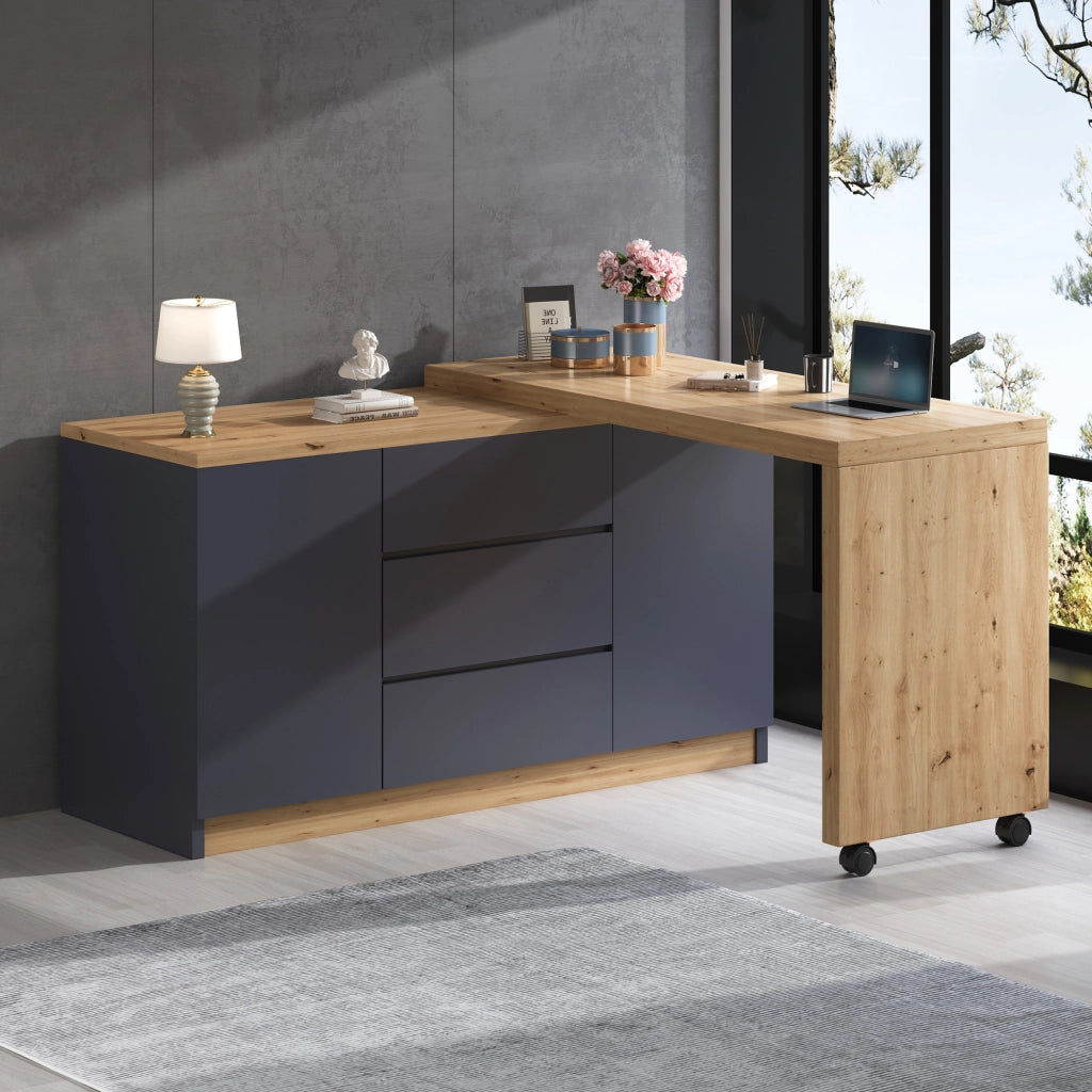 Scrivania girevole e pieghevole 120x50x76.5 cm con 2 porte e 3 cassetti in truciolato grigio e naturale