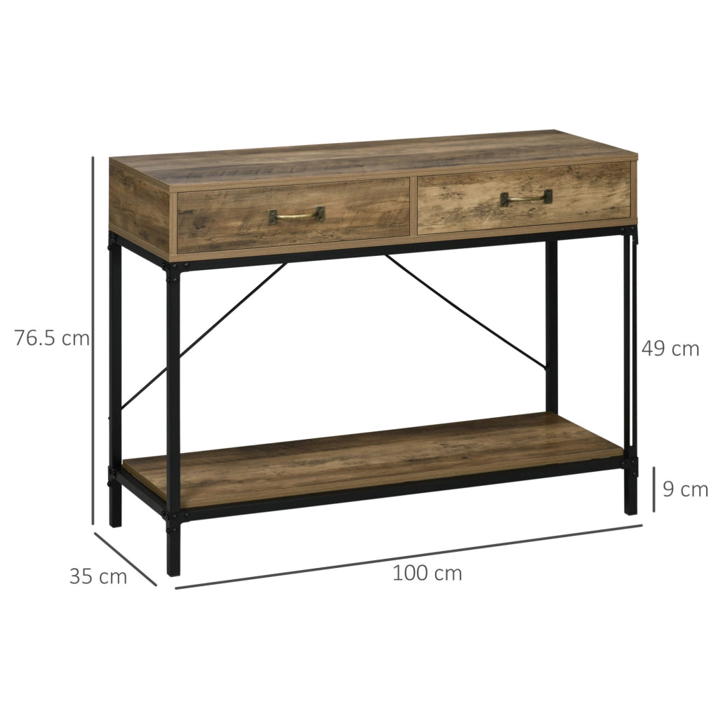 Consolle 100x35x76.5 cm con 2 cassetti e ripiano inferiore; struttura in metallo; legno; marrone