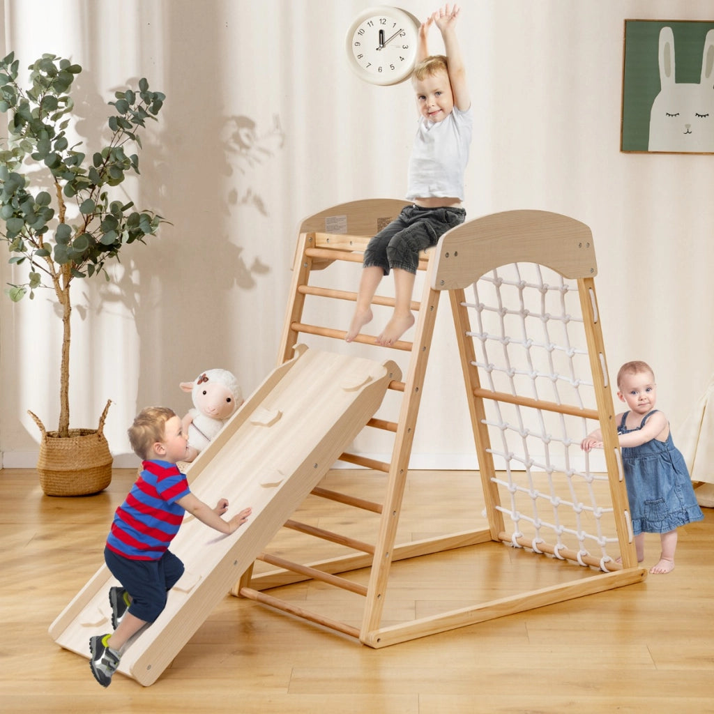 Parco giochi in legno con rampicata a doppia faccia sbarre per scimmie, Set gioco da arrampicata montessori Naturale-Arrampicate e scivoli
