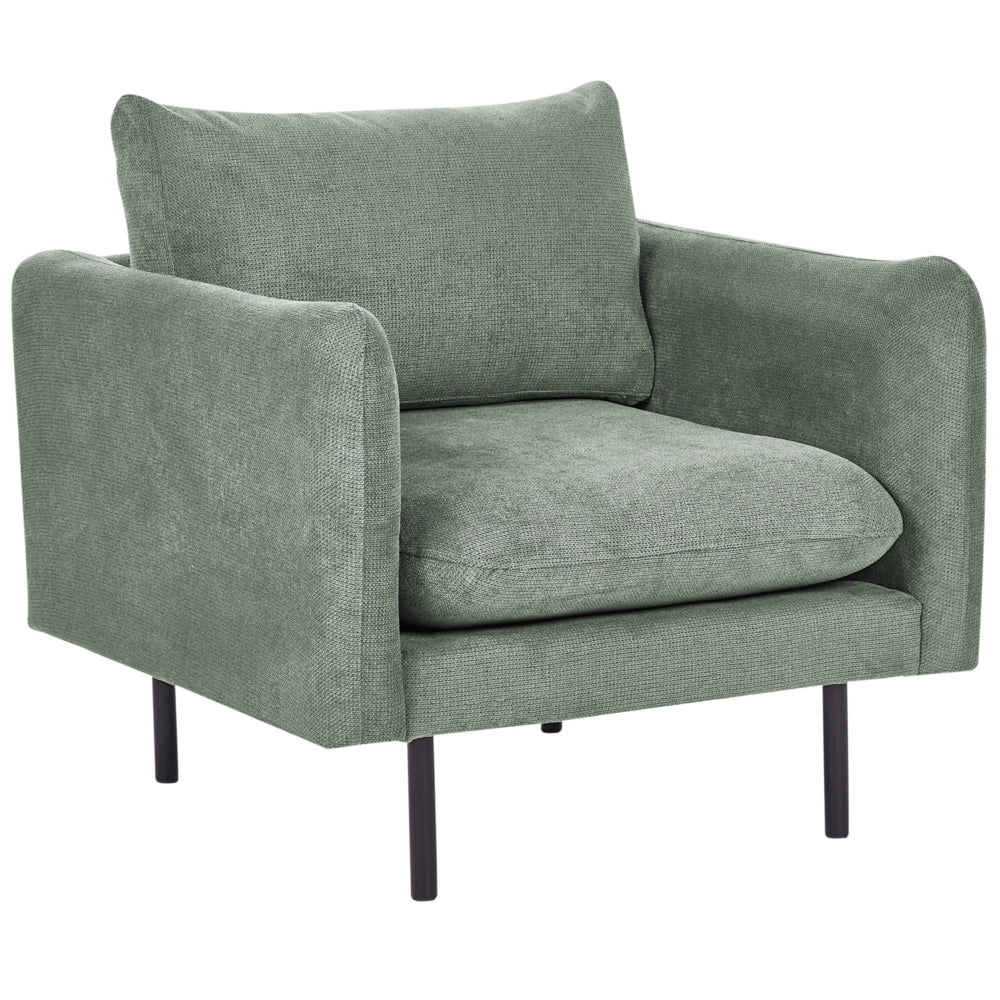Set da salotto con divano 3 posti e poltrona  imbottita in tessuto ciniglia verde chiaro e gambe nere Stile Retrò Moderno