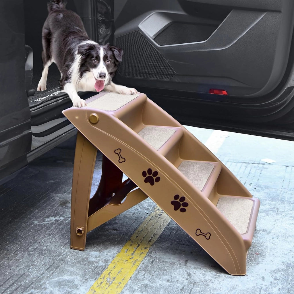 Scala per cani e gatti pieghevole, con tappetino in feltro, carico fino a 60 kg, rampa antiscivolo per cani e gatti per letto, auto, divano (marrone, 65 x 55 x 50 cm, 4)