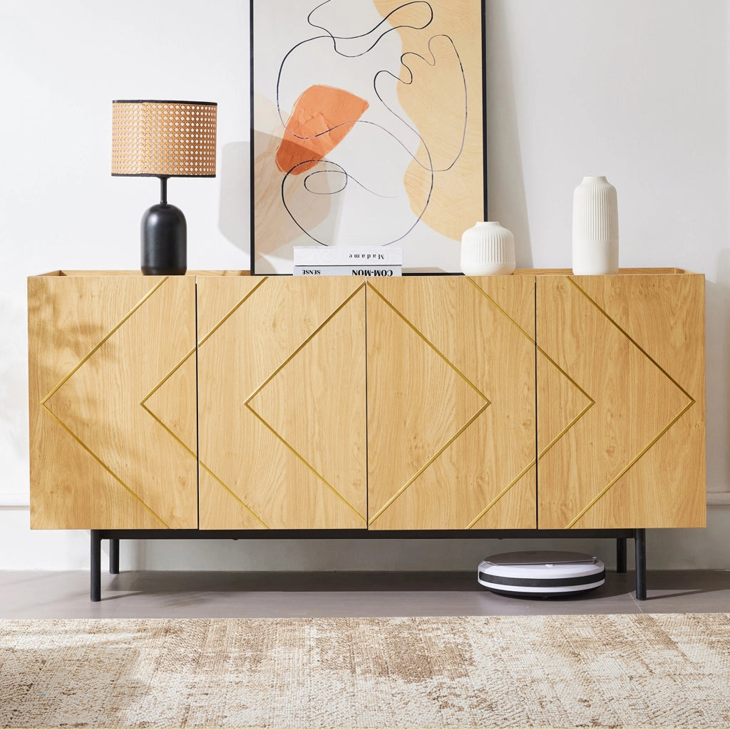 Credenza da soggiorno con 4 ante e inserti metallici, finitura naturale, 160 x 40 x 78 cm