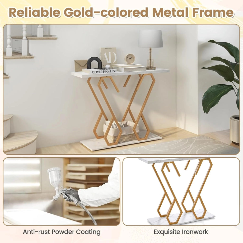 Consolle effetto marmo, tavolo da ingresso tavolo da ingresso struttura in metallo a forma di farfalla, tavolino stretto tavolino da caffè con 2 ripiani, credenza lunga, credenza da tavolo