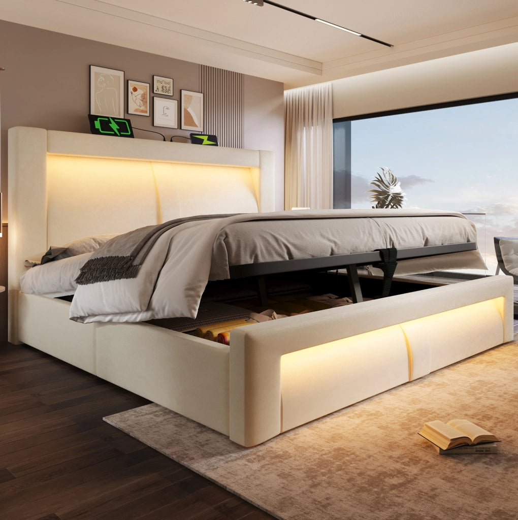 Letto matrimoniale 140x200 cm con contenitore; LED; USB e Type-C; testiera curva in velluto beige