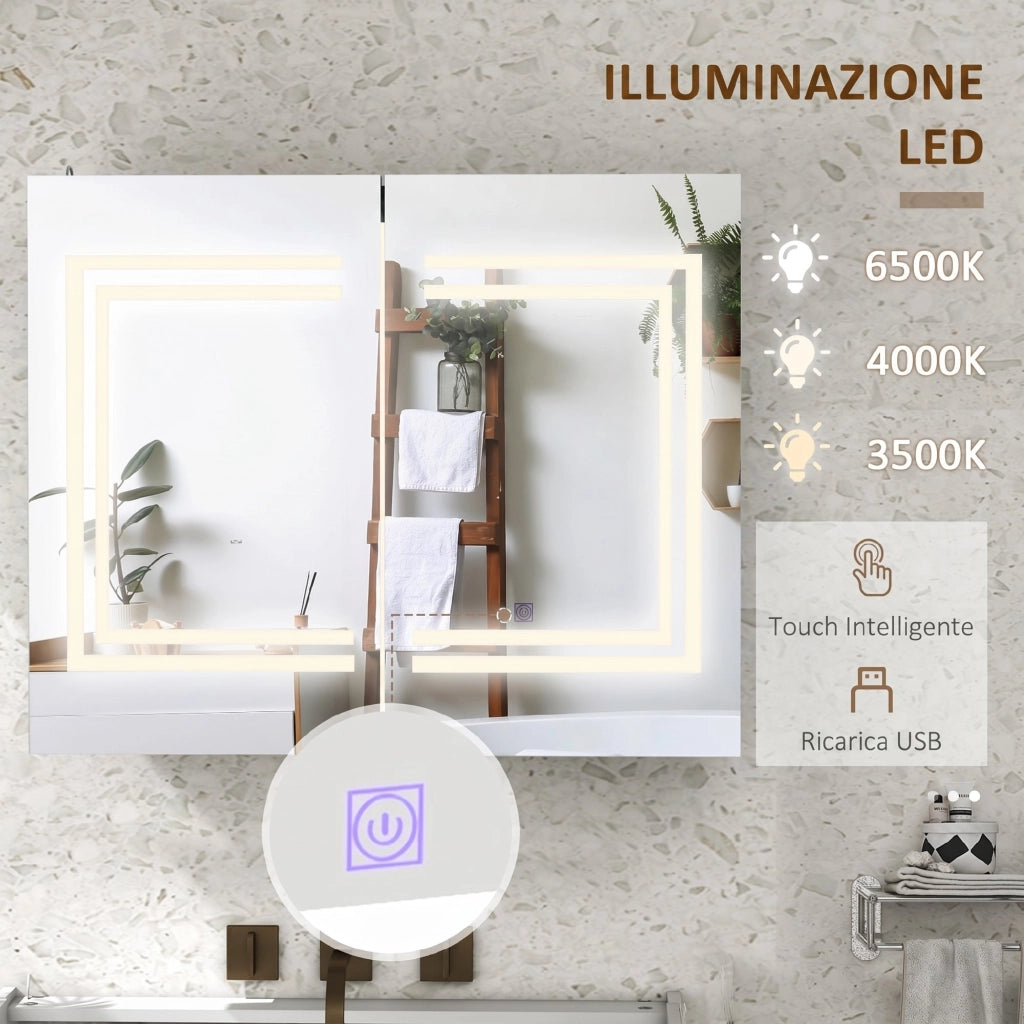 Specchio da Bagno Contenitore con Luce LED 80x15x65 cm Anta Soft Close Dimmerabile a 3 Colori Bianco Lucido