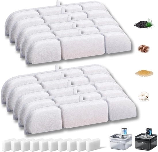 20 pacchi di filtri sostitutivi per fontane per animali, 10 pacchi di filtri a carbone attivo e 10 pacchi di filtri a schiuma per fontana per animali 2,5L DPWFP6 filtri sostitutivi con resina e carbone attivo