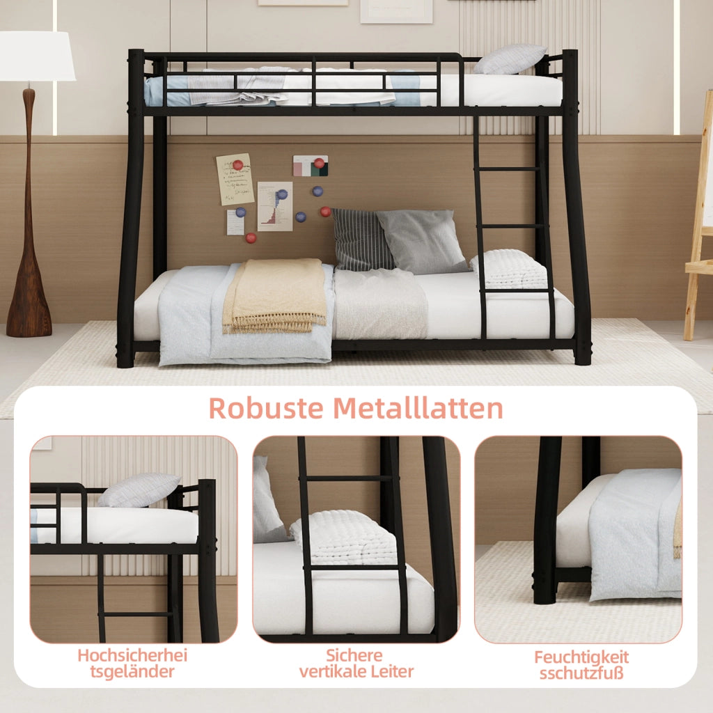 Letto a castello due livelli 90 × 190 e 140 × 190 cm con scala e sponde in ferro nero