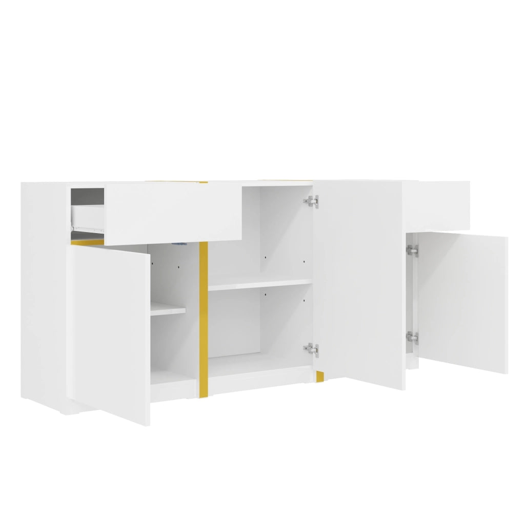 Sideboard bianco lucido 160x40x78 cm con 3 ante e 2 cassetti; MDF e pannello truciolare