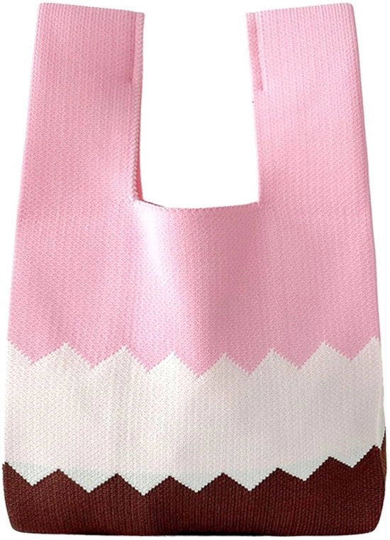 Borsa a Tracolla a Maglia - Manico Borsa - Accessorio Carino - Piccola - Rosa/Bianco/Brune