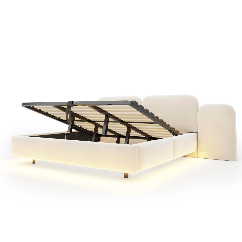 Letto imbottito 180x200 cm con contenitore idraulico; LED RGB; USB e Tipo C; velluto beige