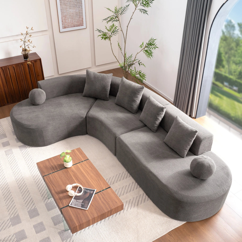 Divano angolare a L senza montaggio con seduta profonda per grandi famiglie in ciniglia grigia 327 × 215 × 65 cm