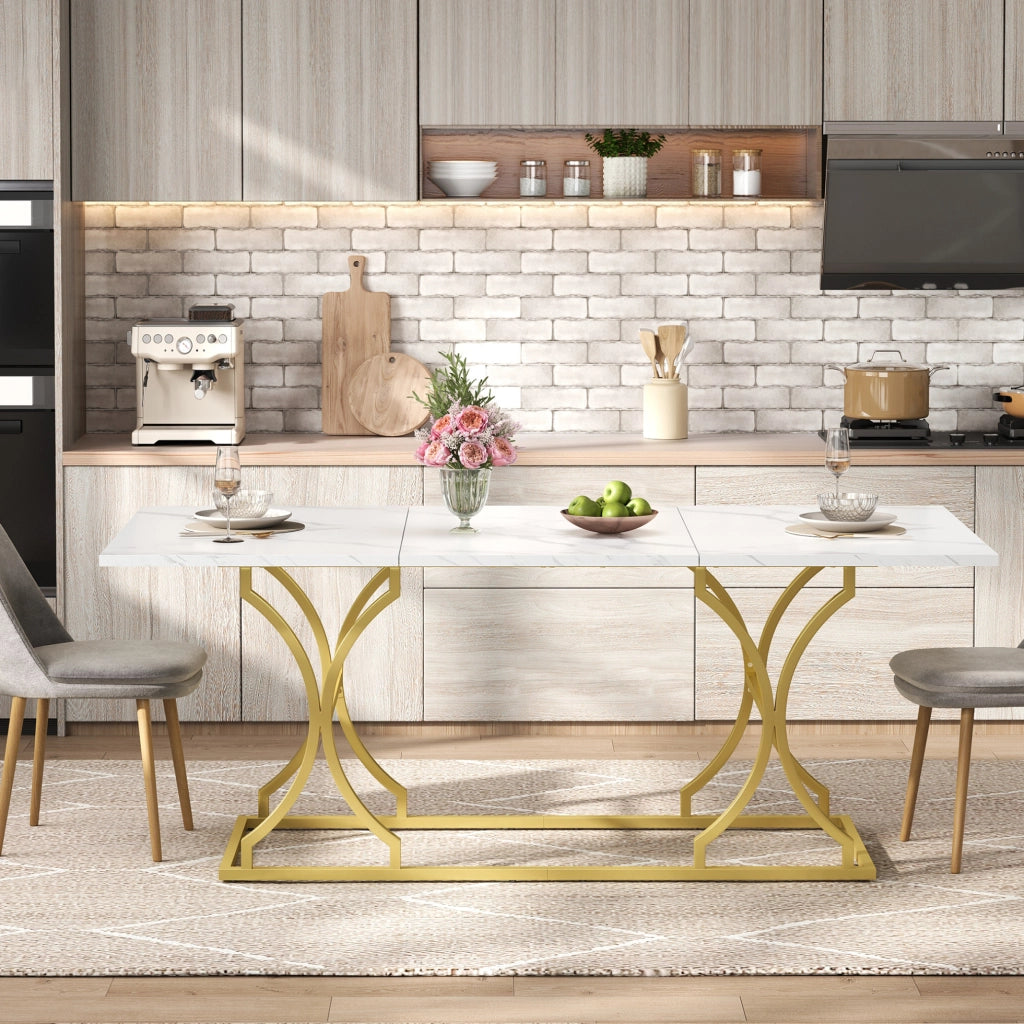 Tavolo da pranzo 200x80 cm in MDF effetto marmo bianco con gambe oro
