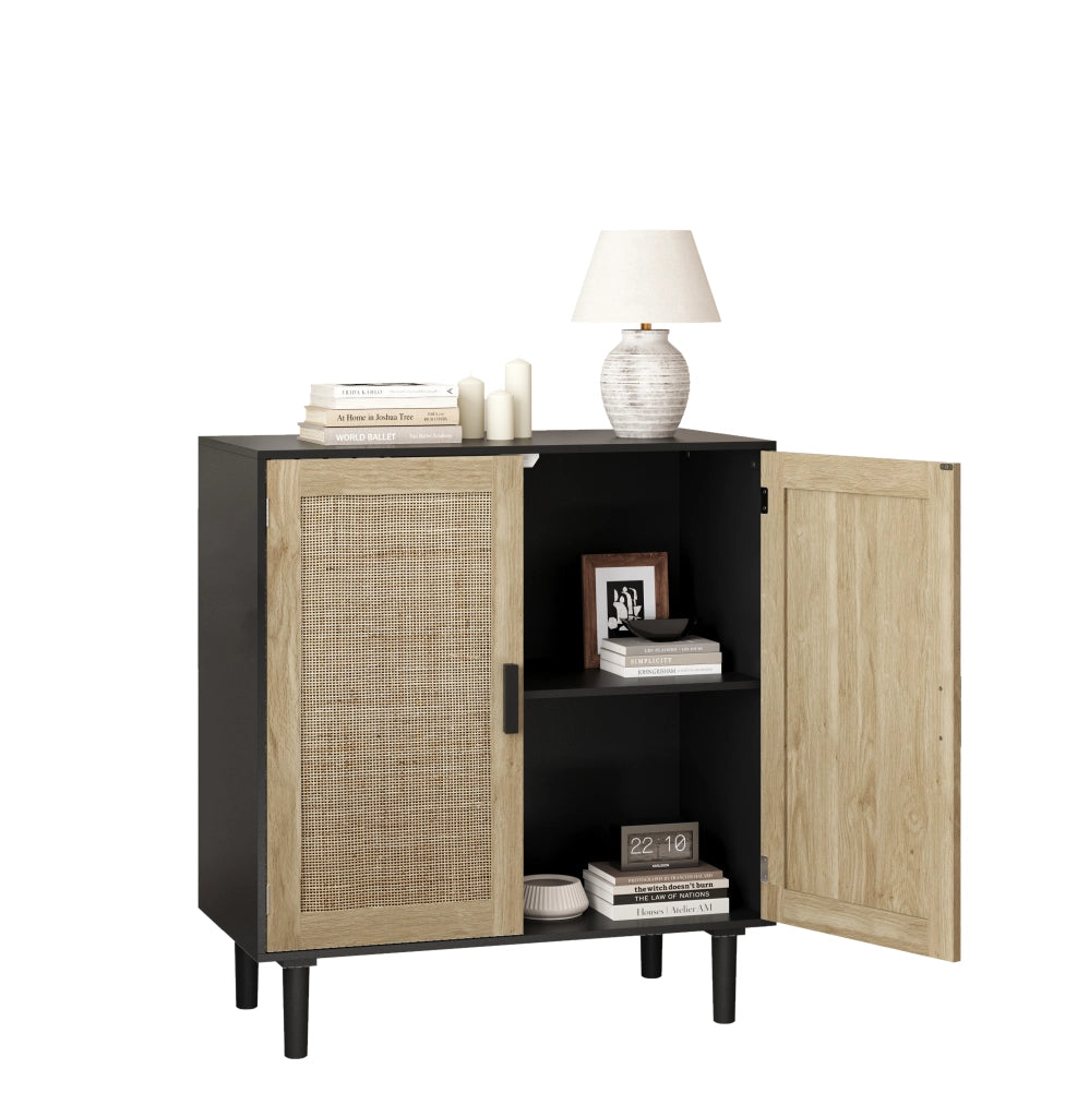 Credenza a 2 ante con chiusura magnetica e 2 vani aperti per soggiorno sala da pranzo e ingresso nero 80 × 40 × 88 cm