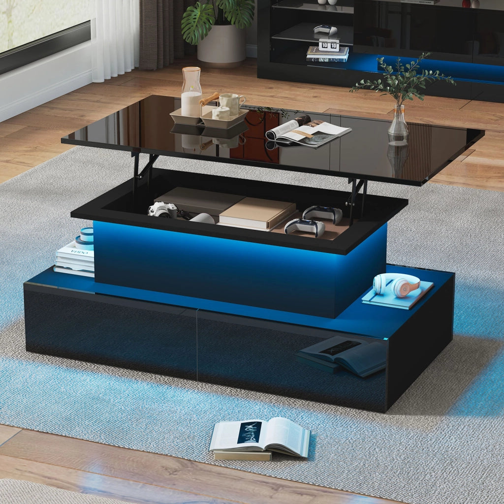 Tavolino da caffè alzabile con 4 Cassetti e LED; piano scorrevole; per soggiorno; in truciolato; 90 × 55 × 41 cm; Nero