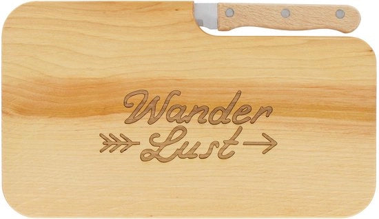 Scatola da snack in legno con incisione "Wanderlust" e misura 26 x 15 cm, tavola per colazione, tavola da taglio in legno, tavola da snack