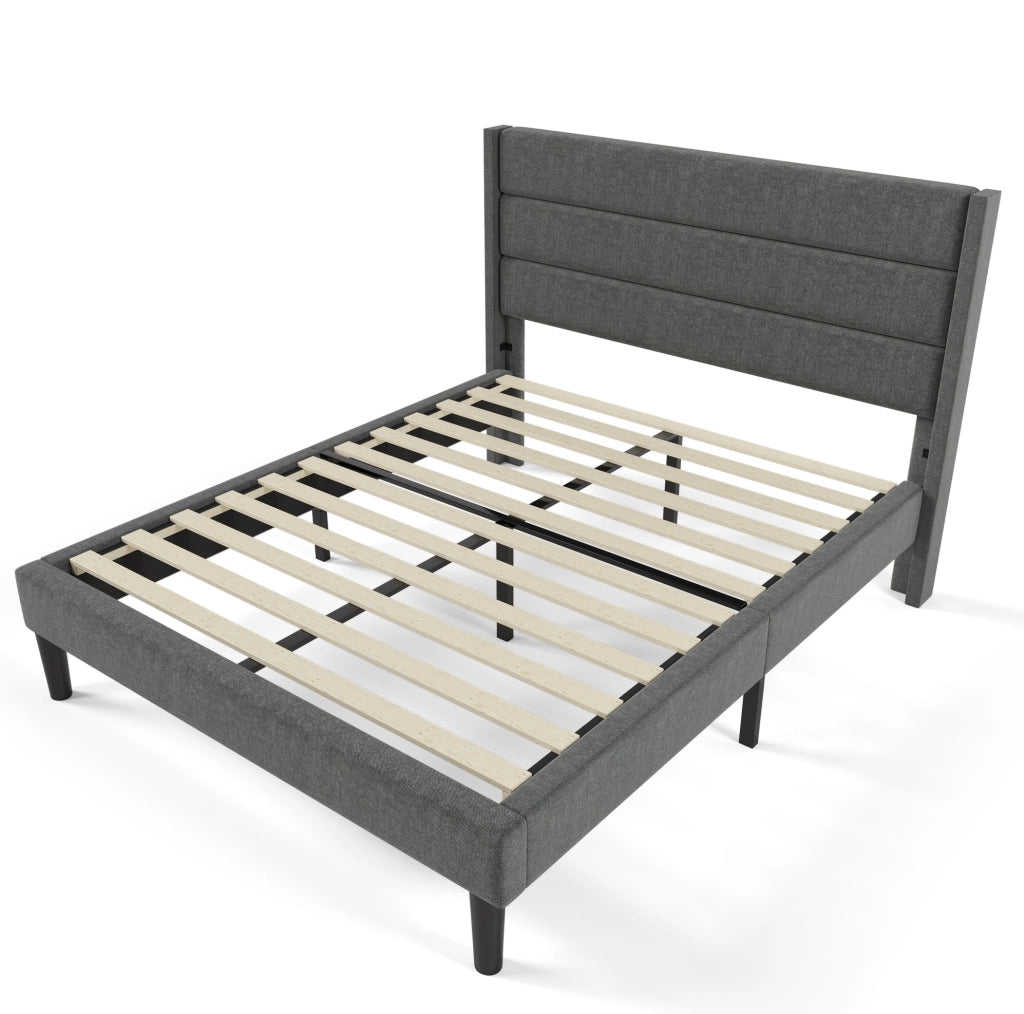 Letto imbottito 140x200 cm; testiera trapuntata; lino grigio scuro (Senza materasso)