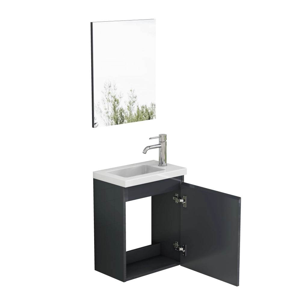Mobile bagno con lavabo in ceramica e specchio; sospeso; senza maniglie con chiusura ammortizzata; in MDF; grigio