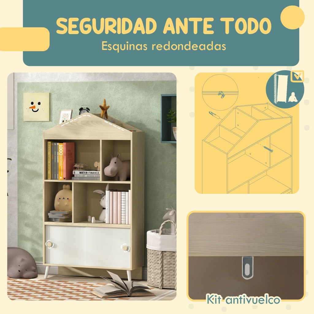 Libreria Bambini con Armadio ¨C Zephmum ¨C Bianco e Naturale 80x30x140.5 cm