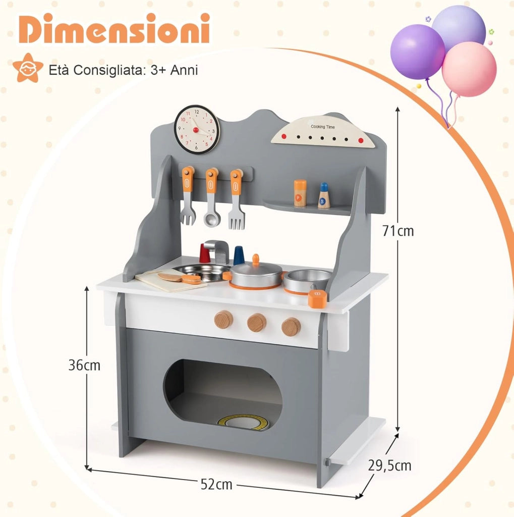 Cucina Giocattolo in Legno per Bambini, Set Gioco di Finzione con Orologio, Fornello, Porta Spezie e Accessori Completi, per Bambini 3+ Anni, 52 x 29,5 x 71 cm (Grigio + Bianco)
