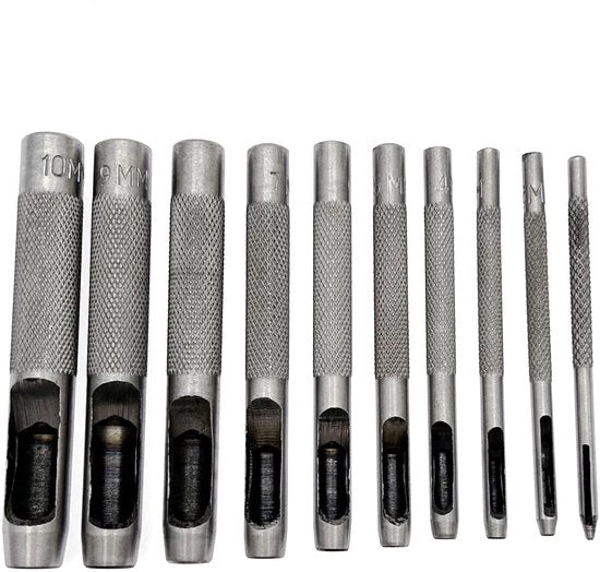 Percutore in Pelle con 10 pezzi - Foro a forma di buco - Diversi diametri 1-10 mm - Presa antiscivolo - Adatto per tessuti/papiri