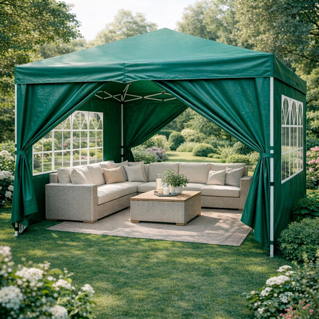 Gazebo Pieghevole Da Giardino Con Pareti Laterali E Finestre Trasparenti Sistema Pop Up Copertura Impermeabile UV50+ Telaio In Acciaio Per Eventi Outdoor 3 x 3 x 2.59 M Verde