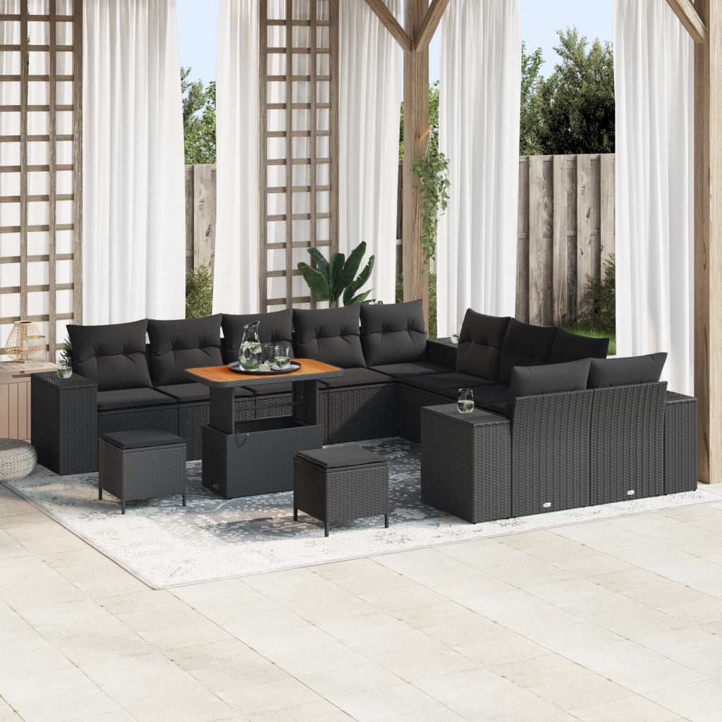 Set di divani da giardino in 13 pezzi con cuscini Nero Polyrattan Acacia