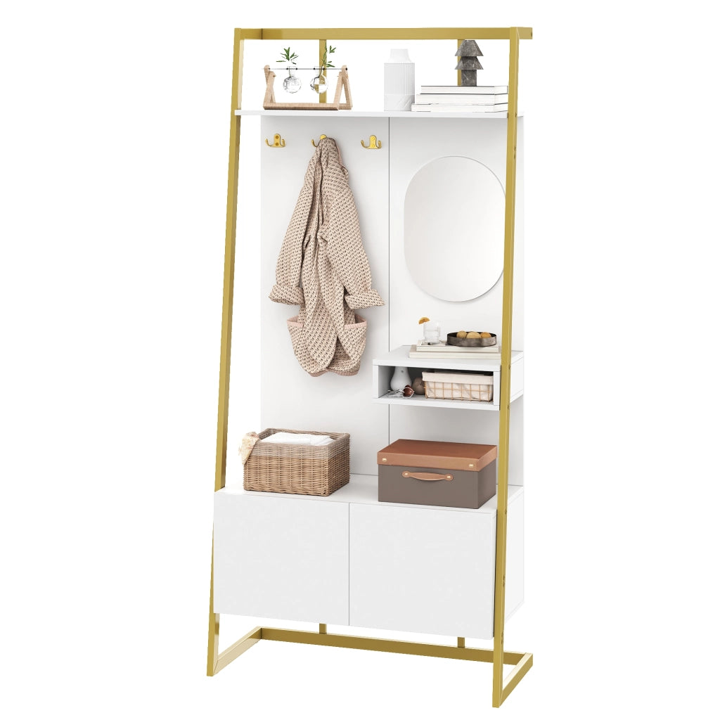 Mobile d'Ingresso con Specchio; 2 Ante; Ripiano Aperto e Ganci in Metallo; Stile Moderno; in MDF; 78??38;5??180;5 cm; Bianco