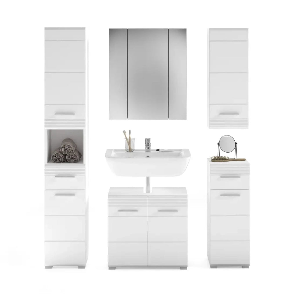 Set da bagno: mobile sotto lavabo + 2 mezze colonne + mobile contenitore con specchio e LED + colonna da bagno