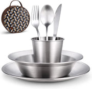 Set di Cucina in Acciaio Inossidabile con Scatola, Chiave, Forchetta, Cucchiaio, Piatto e Tazza da Caffè, Ideale per Viaggi all'Aperto, Escursioni e Campeggio