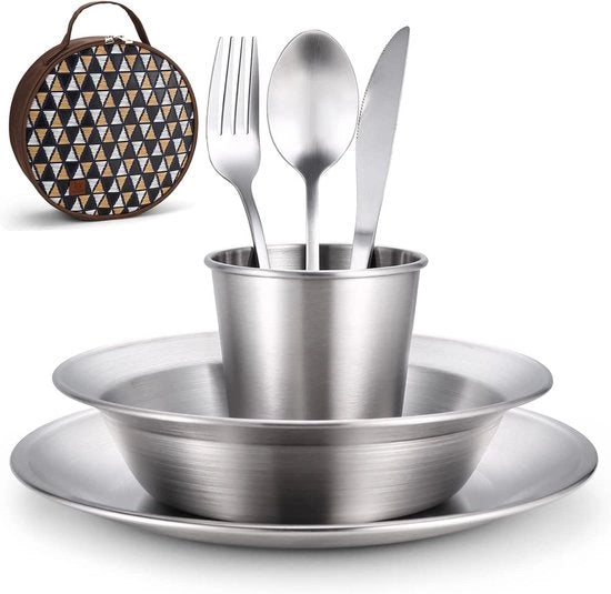 Set di Cucina in Acciaio Inossidabile con Scatola, Chiave, Forchetta, Cucchiaio, Piatto e Tazza da Caffè, Ideale per Viaggi all'Aperto, Escursioni e Campeggio