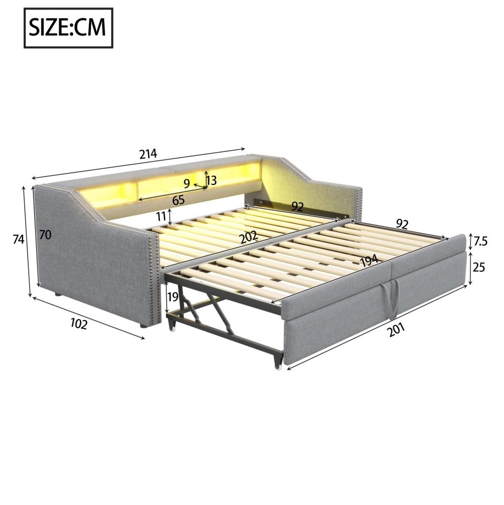 Divano letto estraibile ULEVR 90/180x200 cm con LED, USB, 3 vani laterali e 2 materassi a molle grigio chiaro