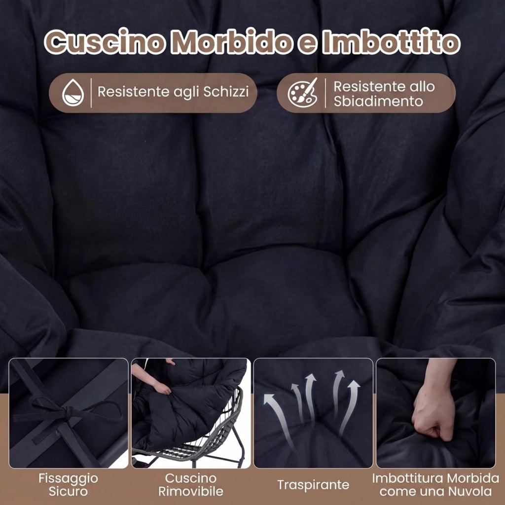 Sedia a Dondolo da Interno ed Esterno, Poltrona a Dondolo con Poggiapiedi e Cuscini Rimovibili, Poltrona Relax in Rattan con Telaio in Metallo per Soggiorno e Giardino, Portata 150 kg (Nero)