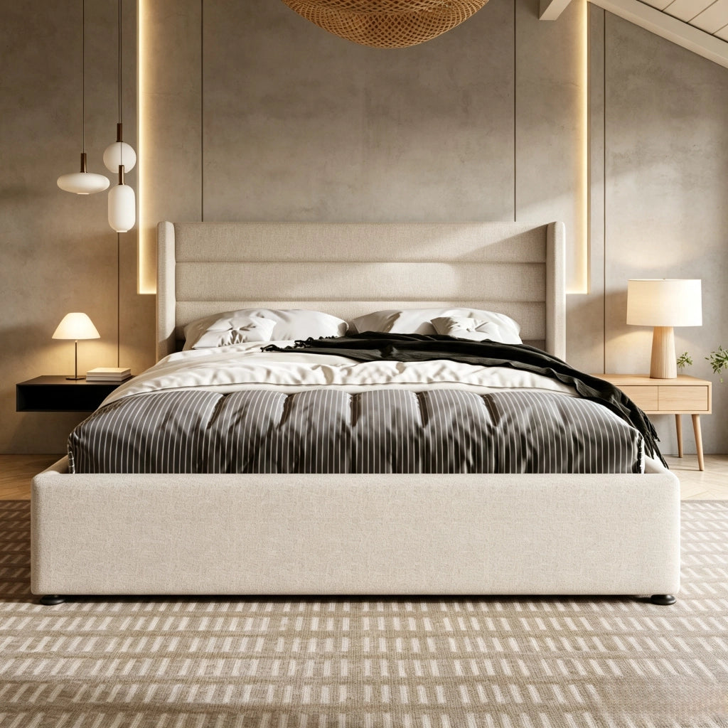 Letto matrimoniale 160x200 cm con contenitore e rete a doghe idraulica letto contenitore matrimoniale con testiera imbottita  struttura letto in legno - beige