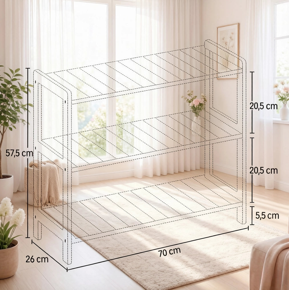Scarpiera 70x26x57，5 cm in pino e MDF bianco， 3 ripiani per ingresso