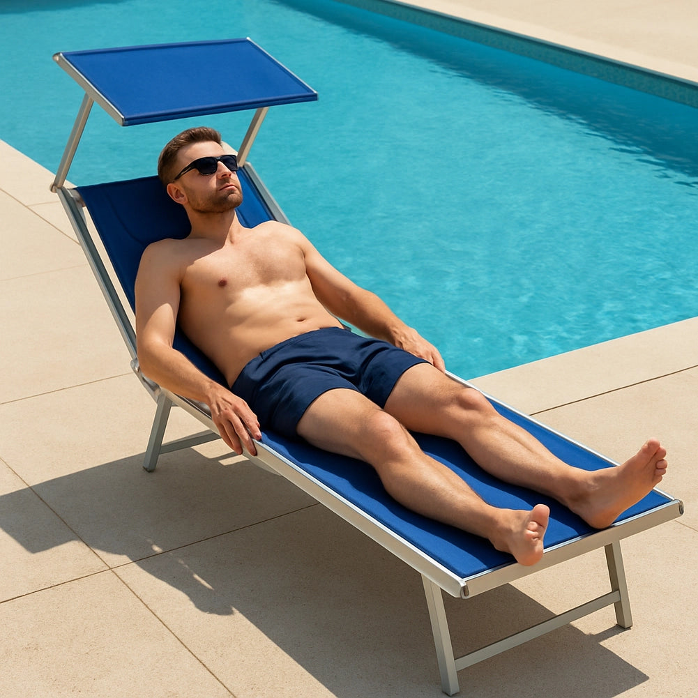Lettino Sdraio Reclinabile per Mare Piscina e Giardino Total Blu con Parasole