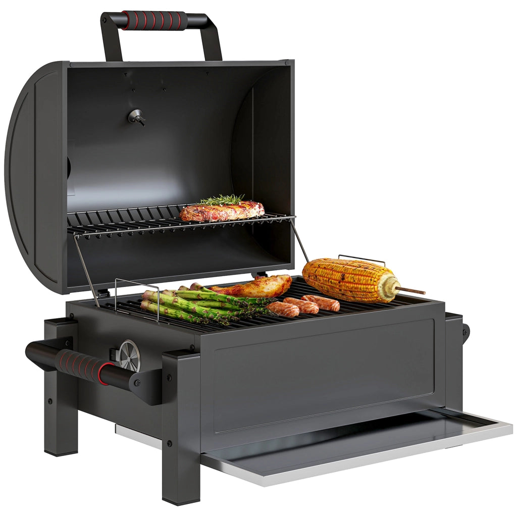 Barbecue a carbone con coperchio, griglia riscaldante, cassetto cenere, termometro, inox ¨C zephmum ¨C Nero/Rosso 67x53x55cm