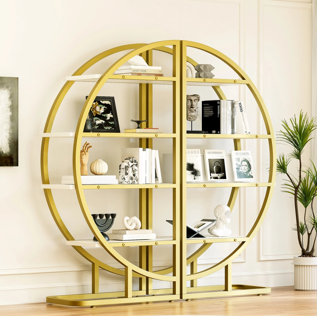 Libreria ad arco semicircolare modulare 120x30x130 cm in acciaio dorato e MDF bianco