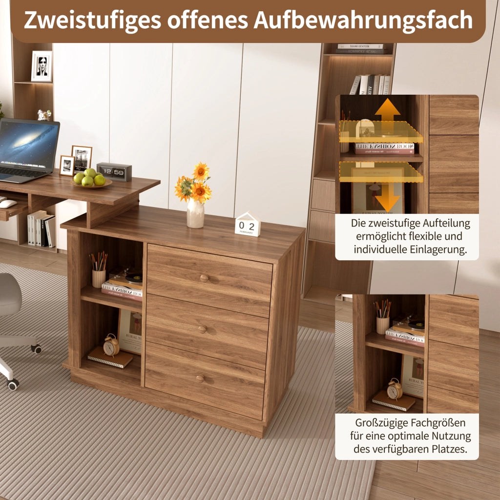 Scrivania estraibile con cassetto tastiera, 2 vani aperti e 3 cassetti, per studio, in MDF, noce, 110 × 40 × 75.5 cm