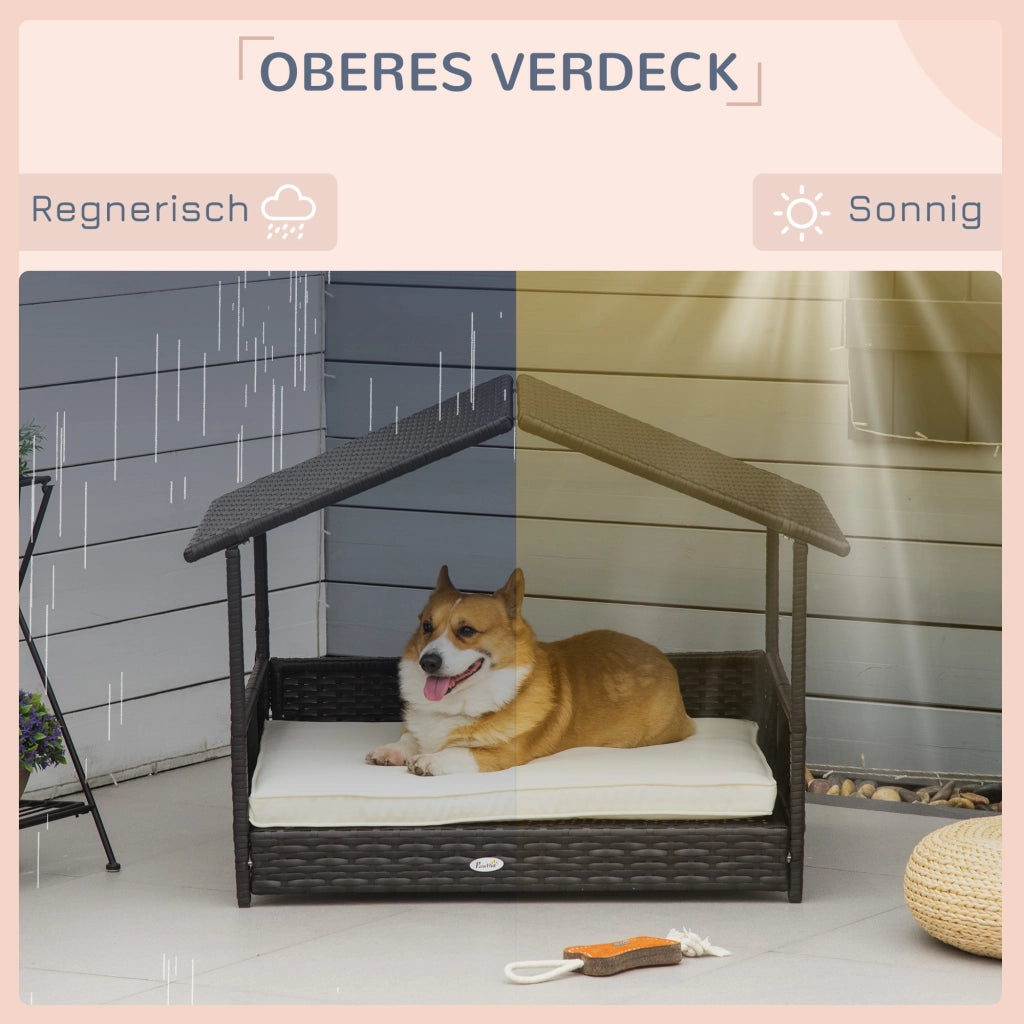 Casetta da giardino con tetto e cuscino per cani medi in rattan PE marrone con telaio in acciaio 98 × 69 × 73 cm