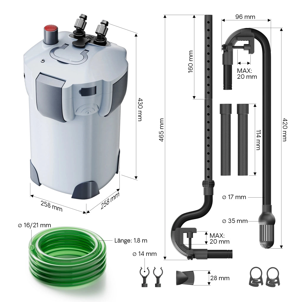HW-403B Filtro esterno per acquari con pompa 1.400 l/h e chiarificatore UVC da 9W, filtro a 3 stadi con mezzi e spugne filtranti inclusi