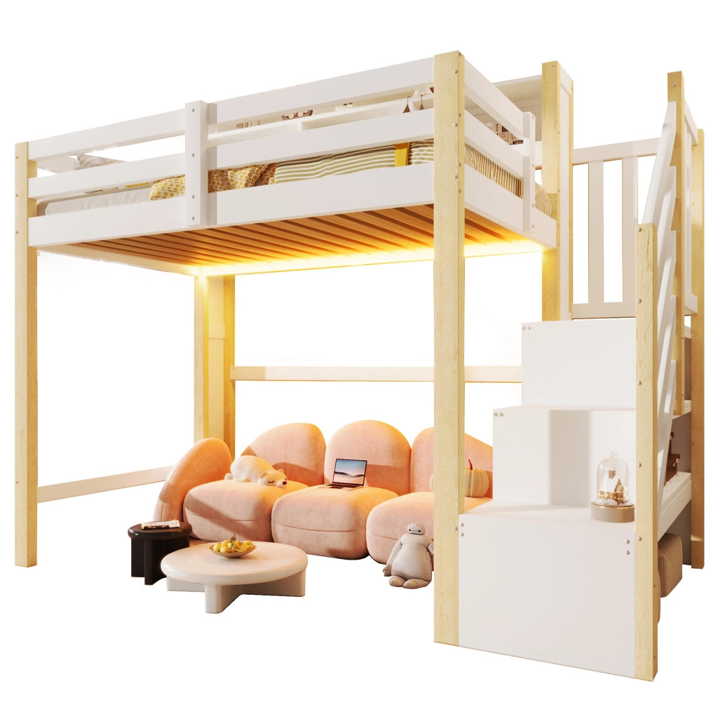 Letto a soppalco 90x200 cm con LED, scala contenitiva e vani aperti