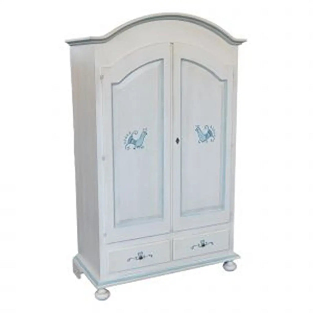 Armadio in legno cipolla bianco anticato decorazione filo azzurro con pavone