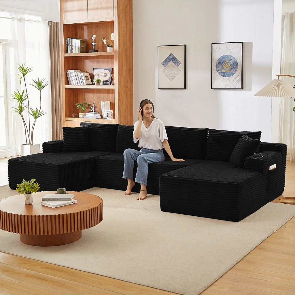 Divano modulare a U in velluto a coste per soggiorno senza montaggio con seduta profonda e design ergonomico nero