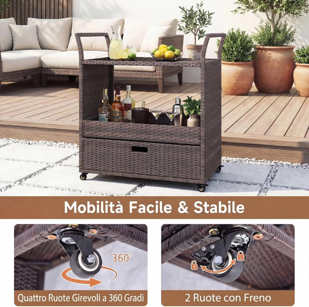 Carrello Bar in Rattan PE, Tavolo Bar da Esterno con Ruote, Ripiano Aperto, Cassetto e Piano in Vetro Temperato, Carrello di Servizio con Maniglie per Giardino, Cortile, Piscina, 85 X 47 X 92 CM