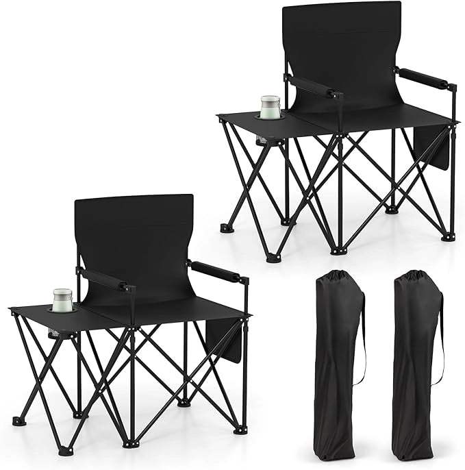Set di 2 Sedia da Campeggio con Tavolino Laterale, Sedia da Picnic Pieghevole con 2 Tasche, Portabicchieri, Braccioli Imbottiti, Borsa da Trasporto, Portata 150 kg (Nero)