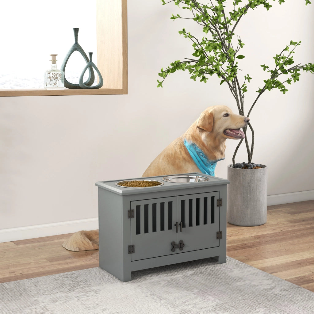 Casetta per cani con ciotole e vano portaoggetti ¨C zephmum ¨C 35.5x60x30 cm, grigio