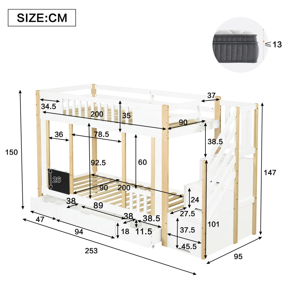 Letto a castello per bambini 90x200 cm con scala contenitore e 3 cassetti